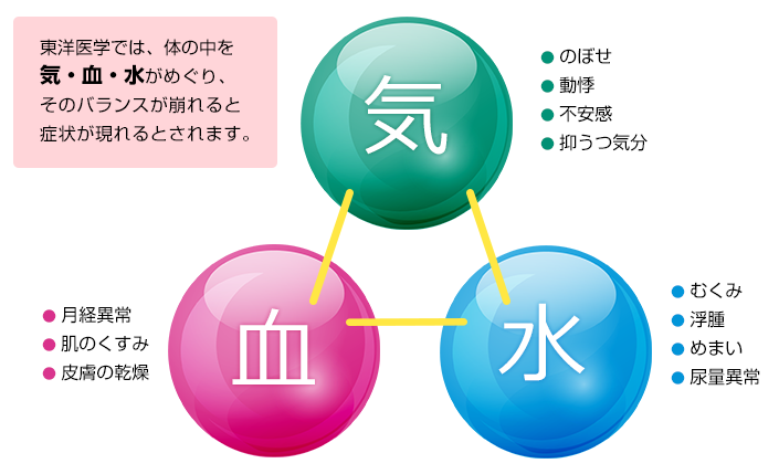 東洋医学では、体の中を気・血・水がめぐり、そのバランスが崩れると症状が現れるとされます。